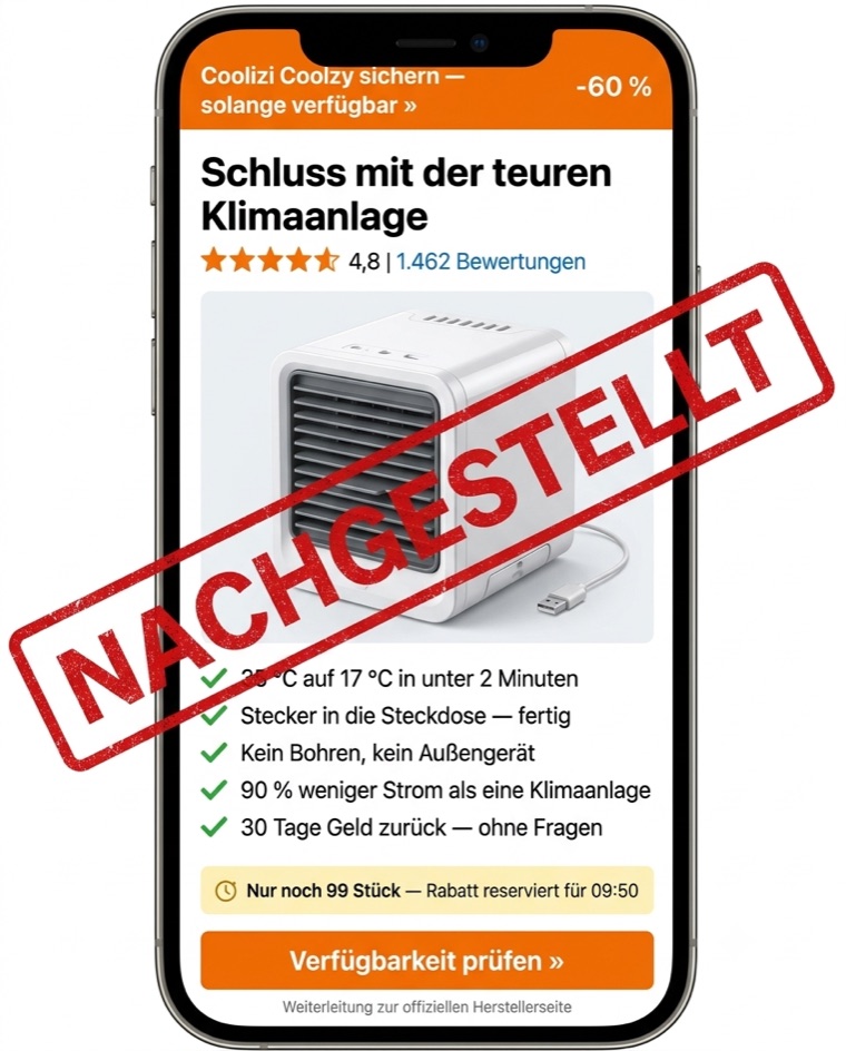 Nachgestellte Betrugsanzeige: USB-Steckdosen-Würfel als angebliche Klimaanlage mit unmöglichen Versprechen, erfundenen Bewertungen, Rabatt-Countdown und Kaufdruck